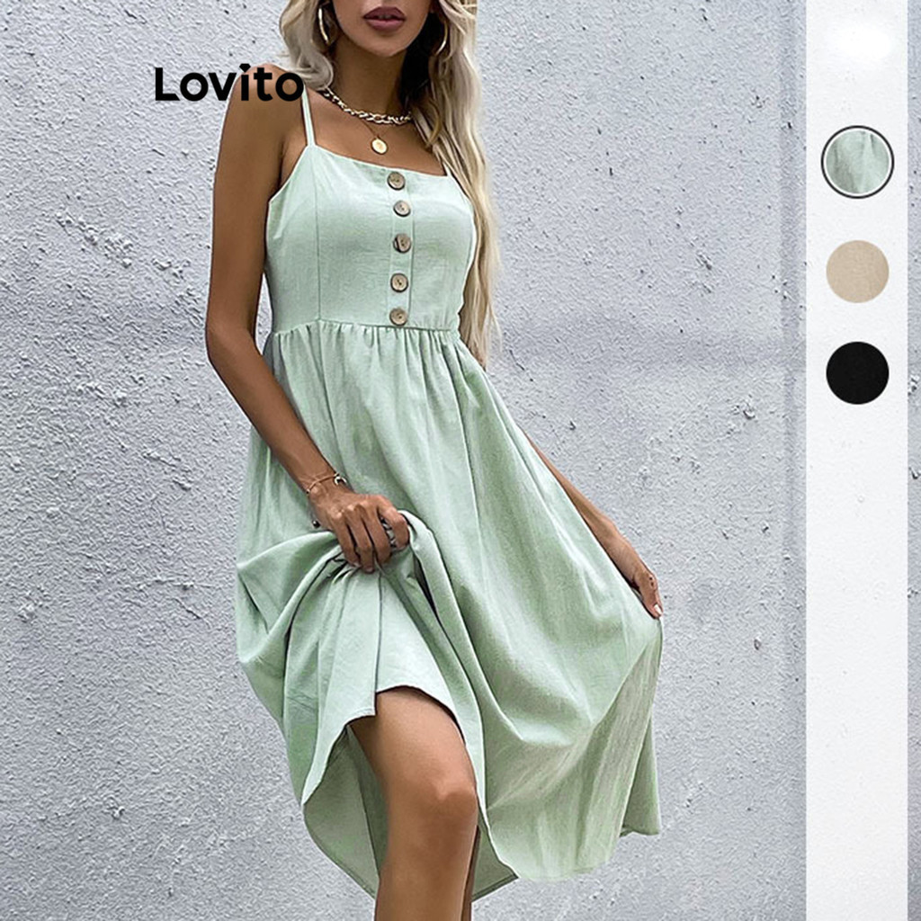 Lovito Vestido Casual Simples Com Botões Para Mulheres LNL35065 (Damasco/Verde Menta/Preto)
