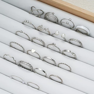 Conjunto De 22 Peças Anéis Coração Borboleta Cross Pearl Crystal Silver Ring Para Acessórios De Jóias Femininas