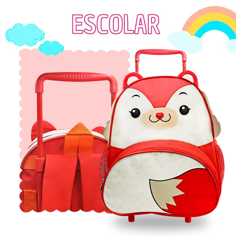 Mochila Escolar Infantil Com Rodinhas Resistente -Personagem Raposa ...