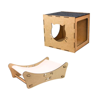 Kit Descanso Cama Pet Caminha de Cães e Gatos Rede 50 X 30 + Nicho Toca para Gato Mdf Reforçado