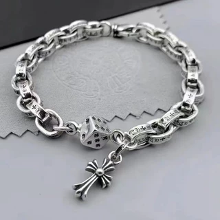 Bracelete em Liga de Prata Vintage Cross Alloy Pulseira Hip-Hop Niche Design Retro Cor Distressed Thai Silver Corrente de Dados Exclusiva