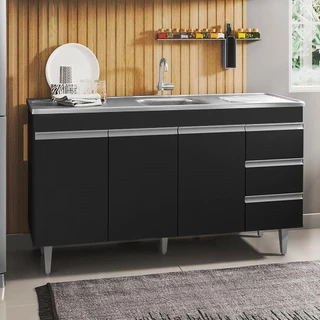 Balcão Gabinete com Pia Inox 150cm 3 Portas 3 Gavetas Andréia Preto Total - AJL Móveis