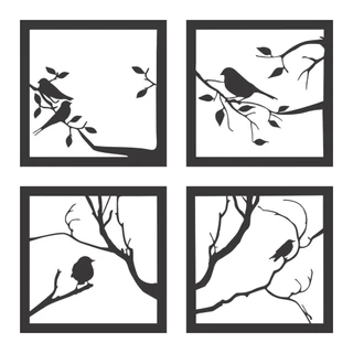 Quadro Decorativo Kit Pássaros MDF Preto Fosco