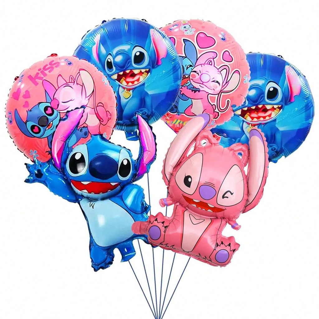 6 Pcs Stitch Balões De Festa De Aniversário , Folha De Desenho Animado Festas Decorações Ponto Azul E Rosa , De Volta Às