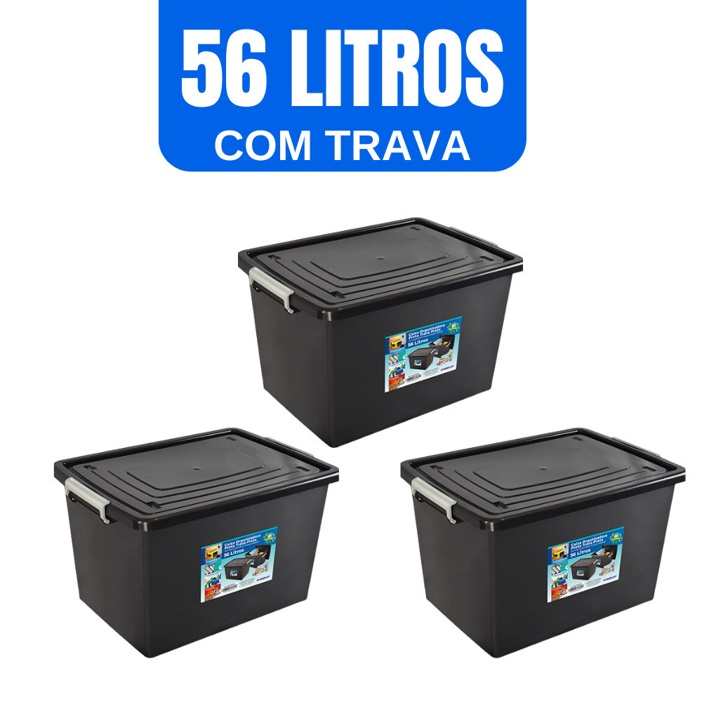 3 Caixas Organizadora Container Preta Com Tampa e Trava 56 Litros Cesto Organizador Preto