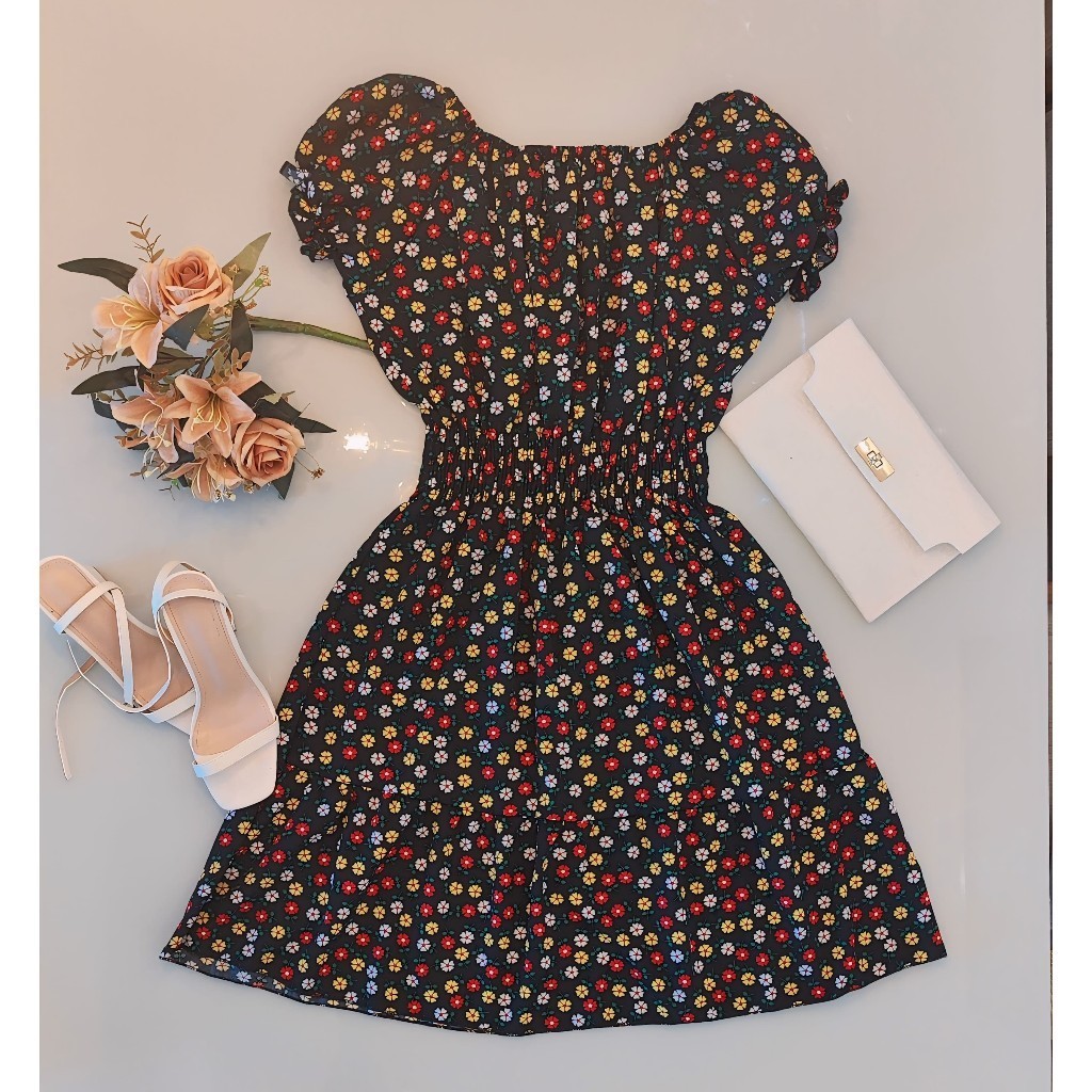 Vestido Curto Midi Mdio Preto Estampado Flor Florzinha Feminino Ciganinha Cigana Ombro A Ombro Duna Manga Curta Moda Evanglica Confortvel Leve de F