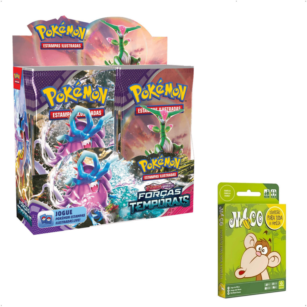 Pokemon Booster Box (Caixa Com 36 pacotes) EV5 Forças Temporais Estampas Ilustradas Copag - 33968 + Jogo do Mico