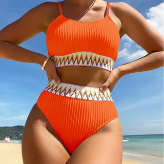 24 Novo Estilo Europeu Americano Fato de banho de cintura alta Fato de banho Multicolor feminino Biquíni Multicolor Listrado Cor Sólido Sexy Biquíni