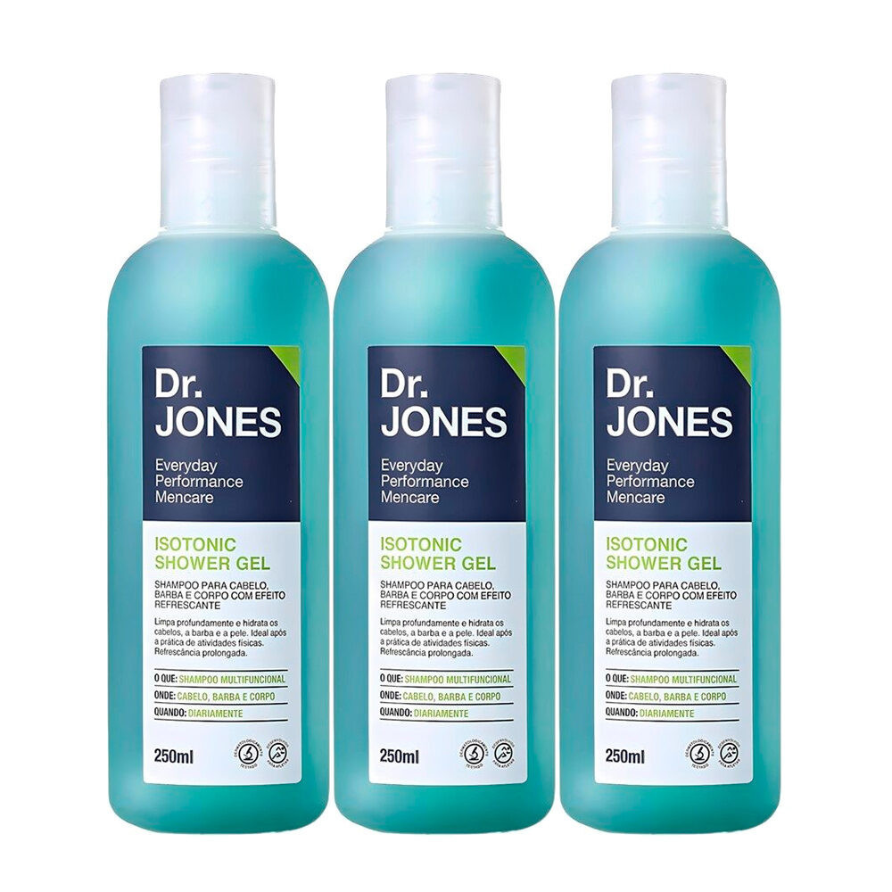 Kit 3 Shampoo Masculino Isotonic Shower 3 em 1 Cabelo Barba e Corpo Gel 250ml Dr Jones