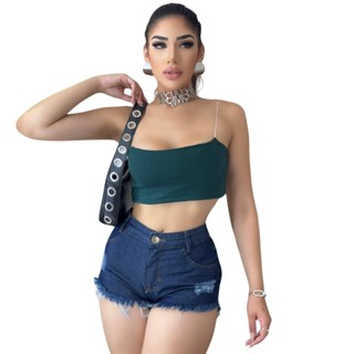 Short Jeans Feminino Azul Escuro Curto Barra Desfiada Promoção