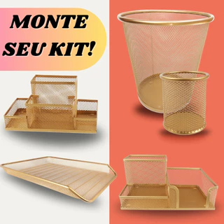 Kit Organizadores de Escritório Dourado Ouro, Lixeira Aramada, Porta Lápis Caneta, Organizador de mesa 3 e 4 partições. Monte seu Kit como desejar!