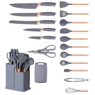 Kit Completo Jogo Utensílios de Cozinha Luxo 19 Peças Com Tábua em Silicone Espátula Faca Tesoura ALEX