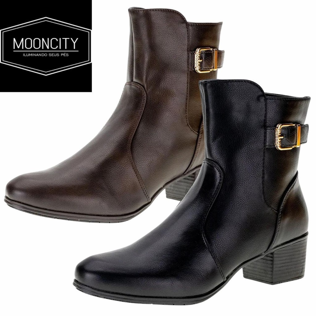 Bota Feminina Mooncity Montaria Cano Baixo Salto Bloco Baixo Confortável Fivela