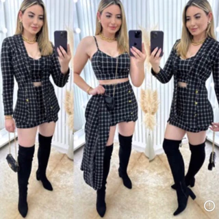 Conjunto Feminino Três Peças Roupas Femininas Shorts Saia Cropped Blazer Festas Barato Promoção