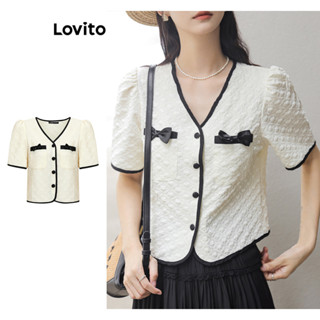 Lovito Blusa Casual De Tecido Texturizado Com Encadernação Lisa E Contrastante Para Mulheres L76AD018