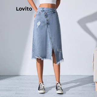 Lovito Saia Jeans Denim Assimétrica com Divisão Lisa Casual para Mulheres LBL08087
