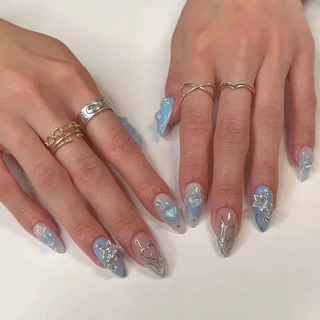 24pcs estilete De Amêndoa Azul Destacável Francês Unhas Falsas Estrelas Love Glitter Design Imprensa em Unhas Nials Falsos DIY Manicure Nails