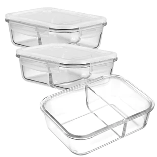 Jogo 2 Potes de Vidro 700ml Divisória Hermético Marmita Fit Quadrada Com Trava