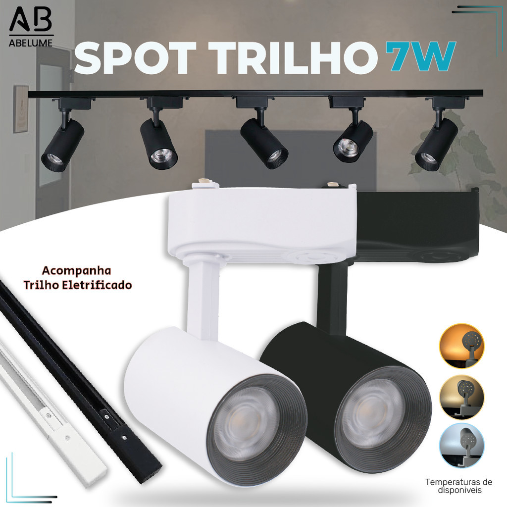 Trilho Spot LED para trilho eletrificado + Trilho + Conector Tubinho Preto e Branco 7W 360° | Luz Branca, Luz Neutra e Luz Amarela | Para ambientes internos modelo econômico Bivolt 110V-220V