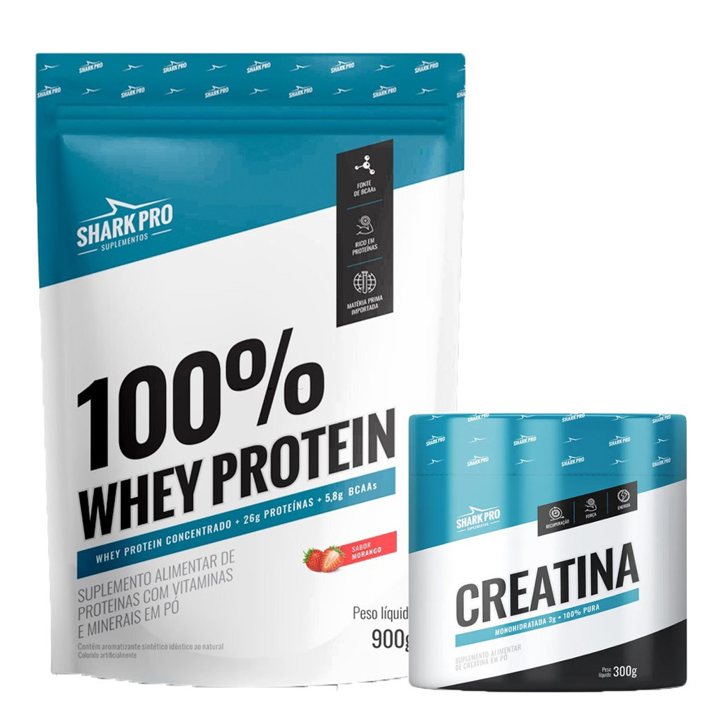 Kit Whey Protein 100 Refil 900g Sabor Morango Shark Pro Creatina