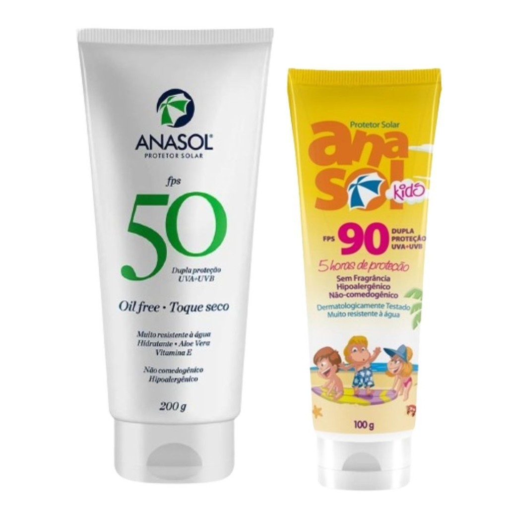 Kit Anasol Protetor Corporal Kids Fps 90 100 gr + Anasol Protetor Corporal Fps 50 com 200 gr Toque Seco Vegano