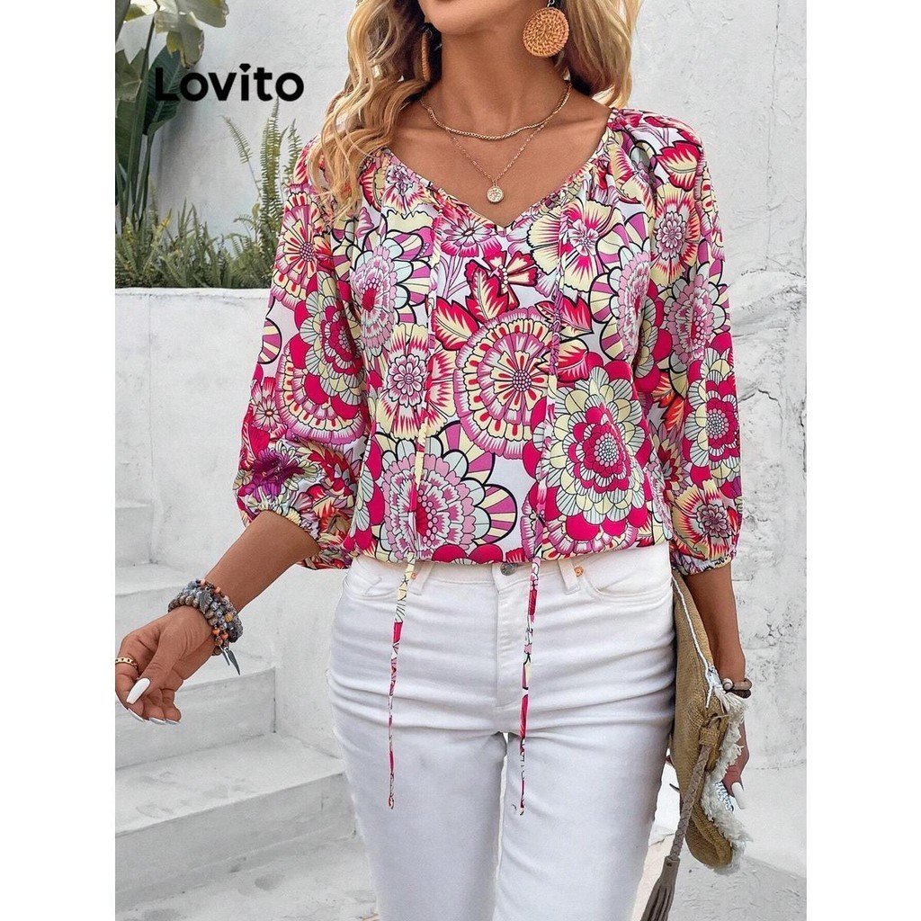 Lovito Linda Blusa Feminina Com Amarração Frontal De Pérolas Simples  L55AD029 (Luz Rosa) em Promoção na Shopee Brasil 2024