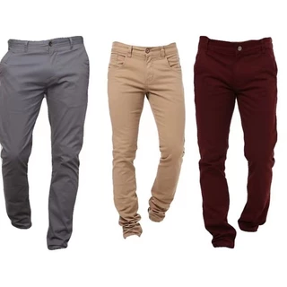 Kit 3 calças Tradicionais Slim Fit Bordô Cáqui e Caramelo em Sarja Lançamento