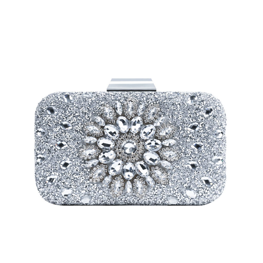 Bolsa Clutch Feminina Prata com Strass Brilhante e Corrente Removível ...