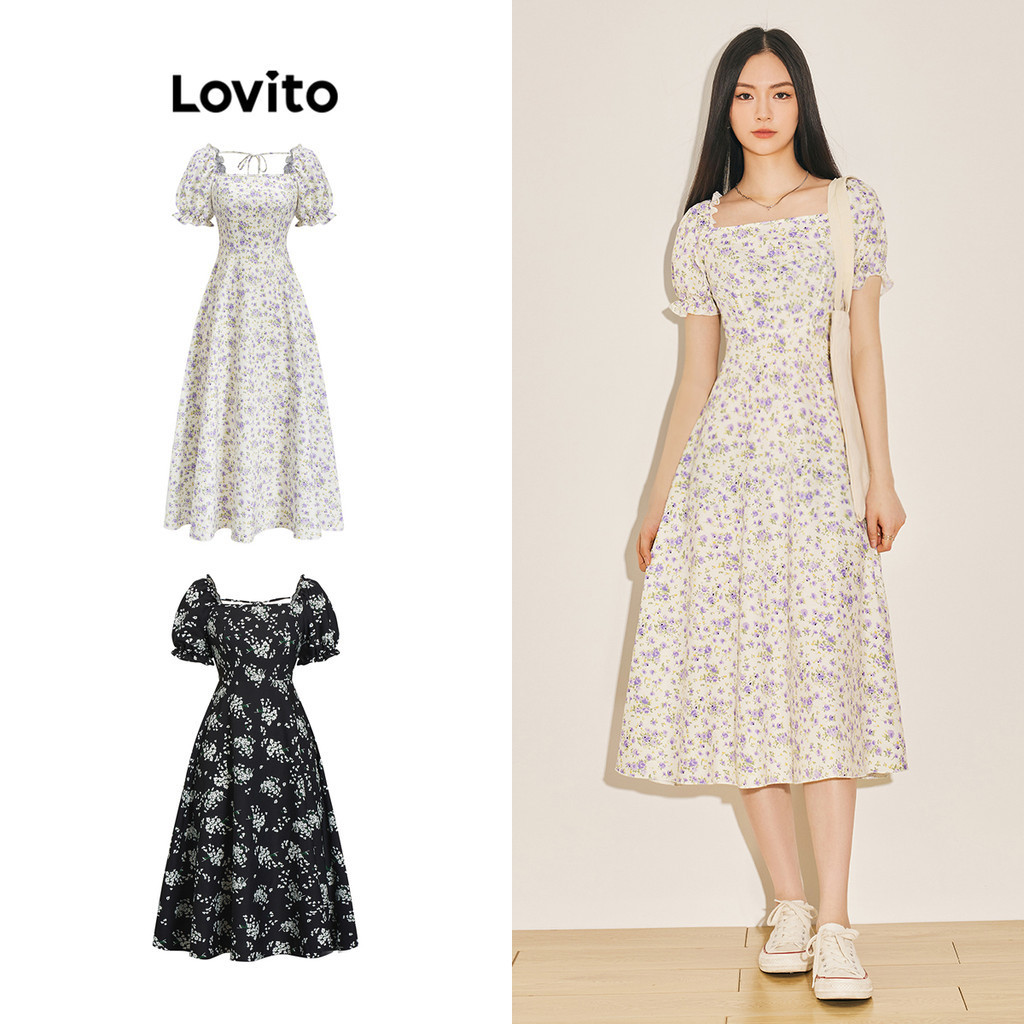 Lovito Vestido com Mangas Bufantes e Amarração de Estampa Floral Ditsy para Mulheres L61AD076 (Branco)