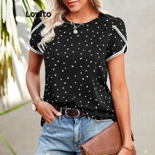 Lovito Blusa Casual Feminina Com Bolinhas E Renda Contrastante LNL41083