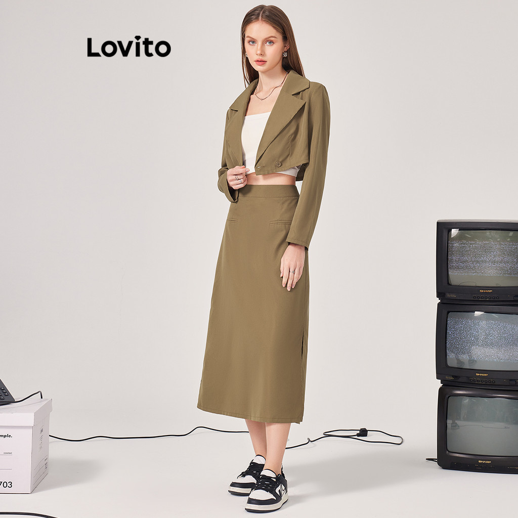 Lovito Conjunto Casual Saia com Fenda Lateral + Blazer Simples L71ED253