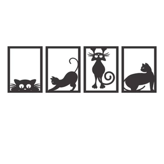 4 Quadros Decorativos Kit Gatinhos MDF Preto Fosco