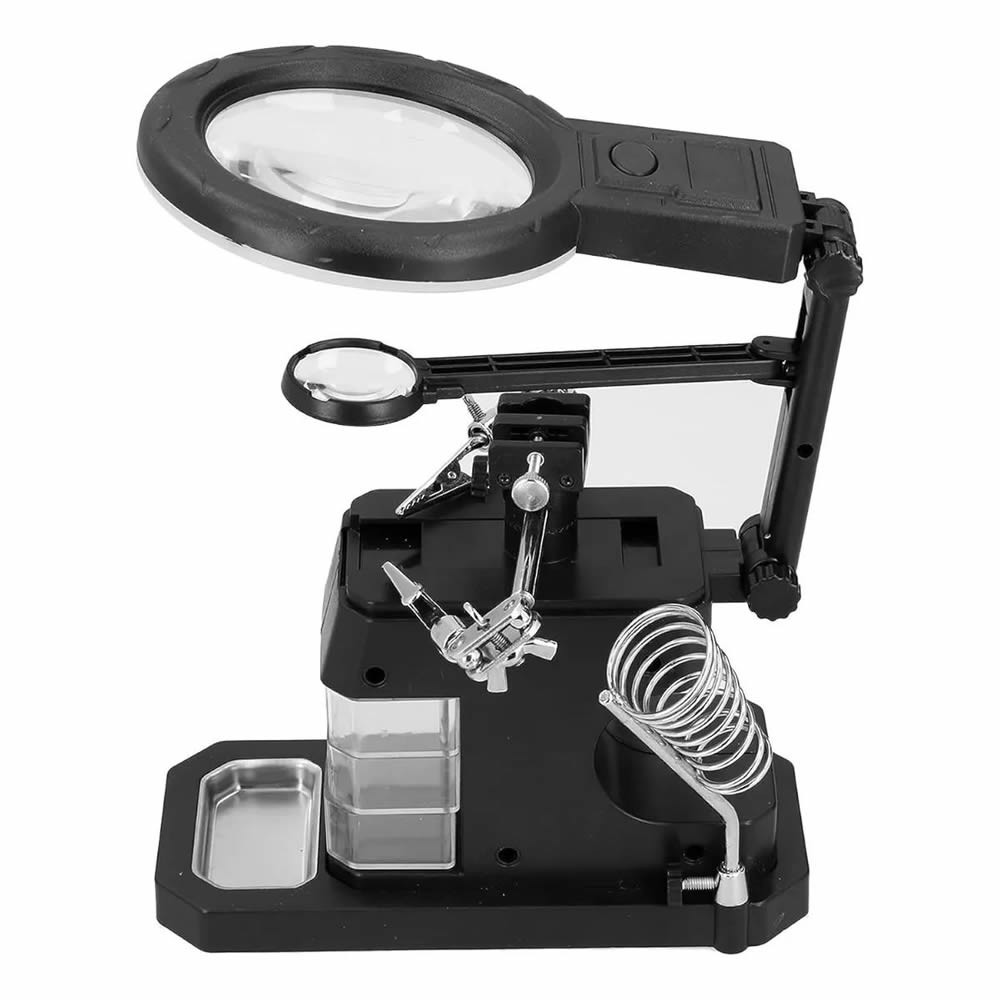 Suporte Ferro Solda + Lupa e Garra p/ Eletrônica Iluminação LED c/ 3 Gavetas