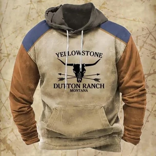 Capuz De Moda Masculina Vintage Yellowstone Western Patch Hoodie Camiseta Com Longo De Outono Oversized Men's Hoodies Fashion Pullover
