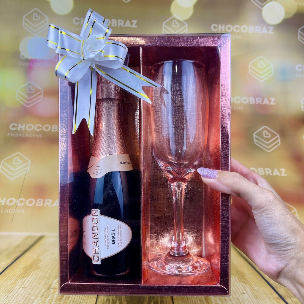 05 ~ 10 Caixa ROSE Textura com visor p/ Mini Champanhe e Taça ASSK
