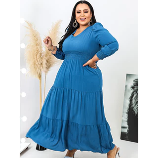 Vestido Longo Plus Size manga longa gola V Elastex Blogueira 44 Ao 50 COD/V27