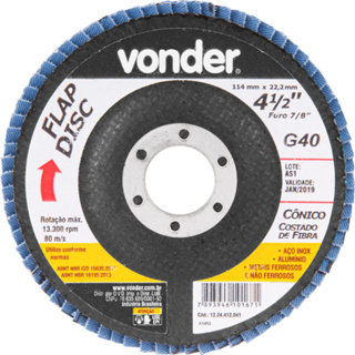 Disco de lixa flap disc cônico 4 1/2" com 10 peças - Vonder