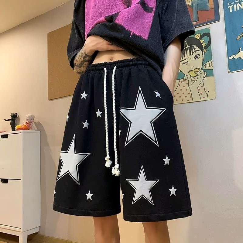 Masculina Casual Calções De Praia Desenho Estrela Unisex Esportivos Perna Larga Americano Calças Curtas Vestuário Preto