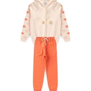 Conjunto Infantil Menina Moletom - Corações Pompom - Off White e Salmão