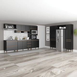 Cozinha Modulada Grande completa 8 Peças 460cm Balcão e Aéreos MDP Preto MENU