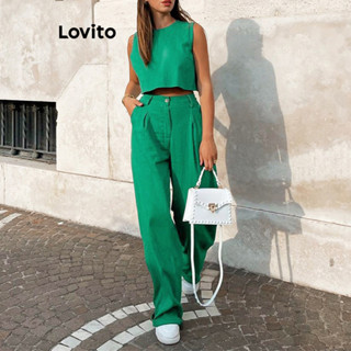 Lovito Conjunto De Calças Casuais Com Zíper Liso Para Mulheres LNL35036 (Rosa Choque/Verde/Preto)