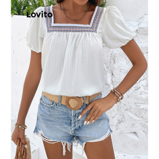 Lovito Blusa Boho Patchwork Com Costura Em Tecido Para Mulheres LNL35001 (Branco)