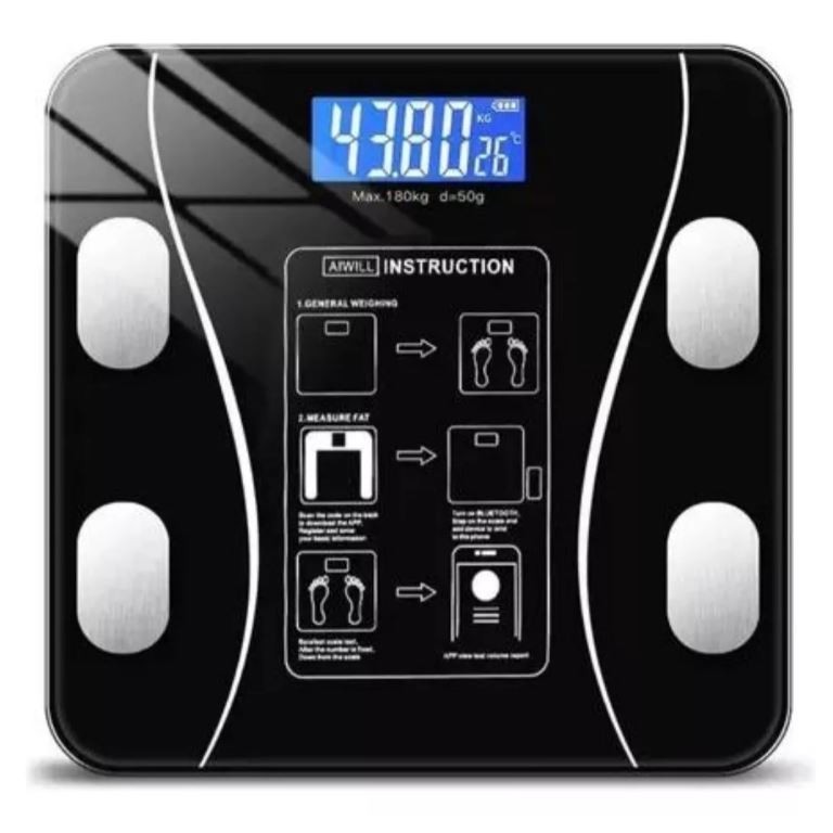 Balança Corporal Digital Bioimpedância Profissional de Vidro com Bluetooth e Aplicativo Fitness Controle Peso pelo Smart APP Celular Banheiro Medidor IMC180 kilos