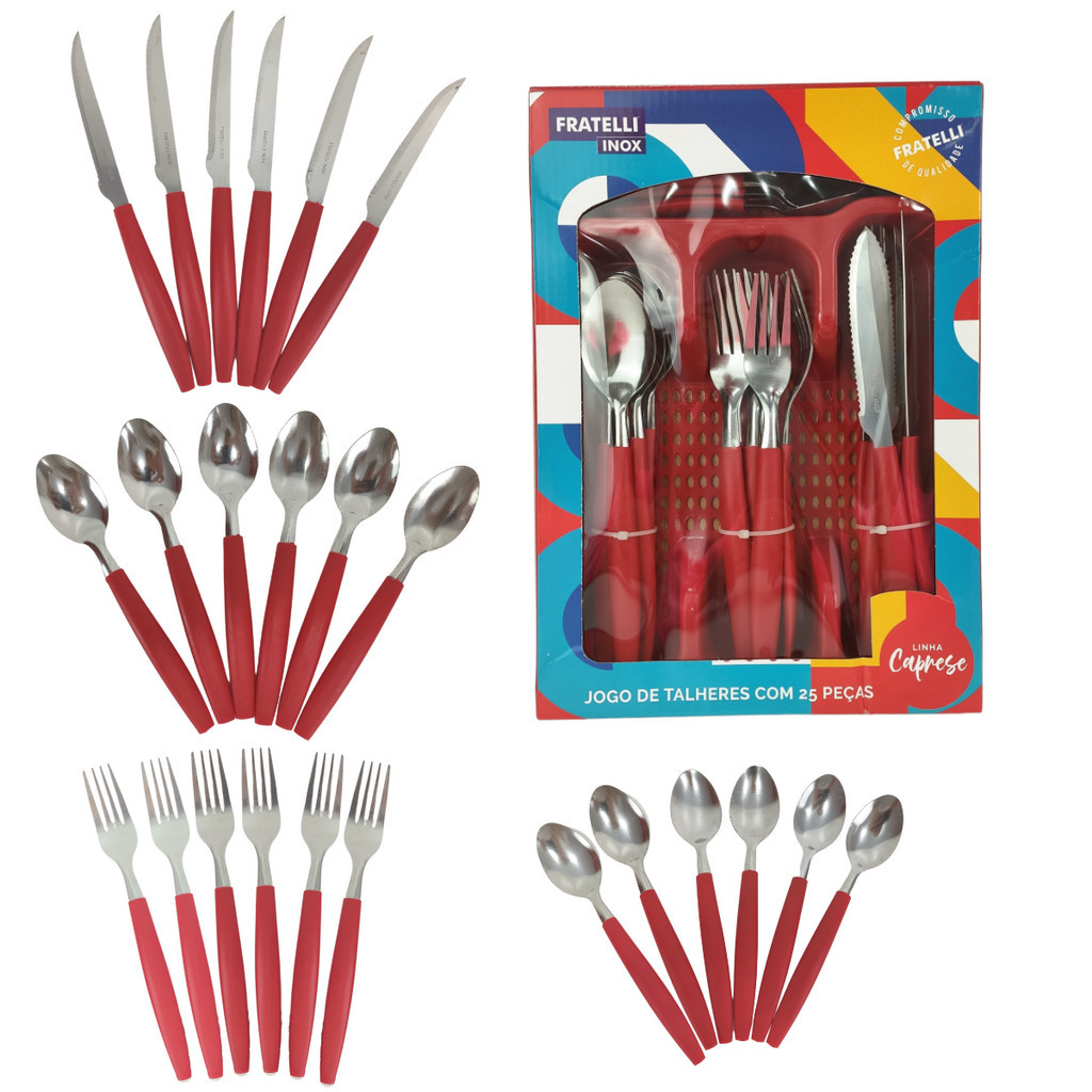 Jogo De Talheres Premium Inox Com 24 Peças + Suporte Gaveteiro Vermelho