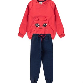 Conjunto Infantil Menina Moletom - Gatinha - Rosa e Azul Marinho