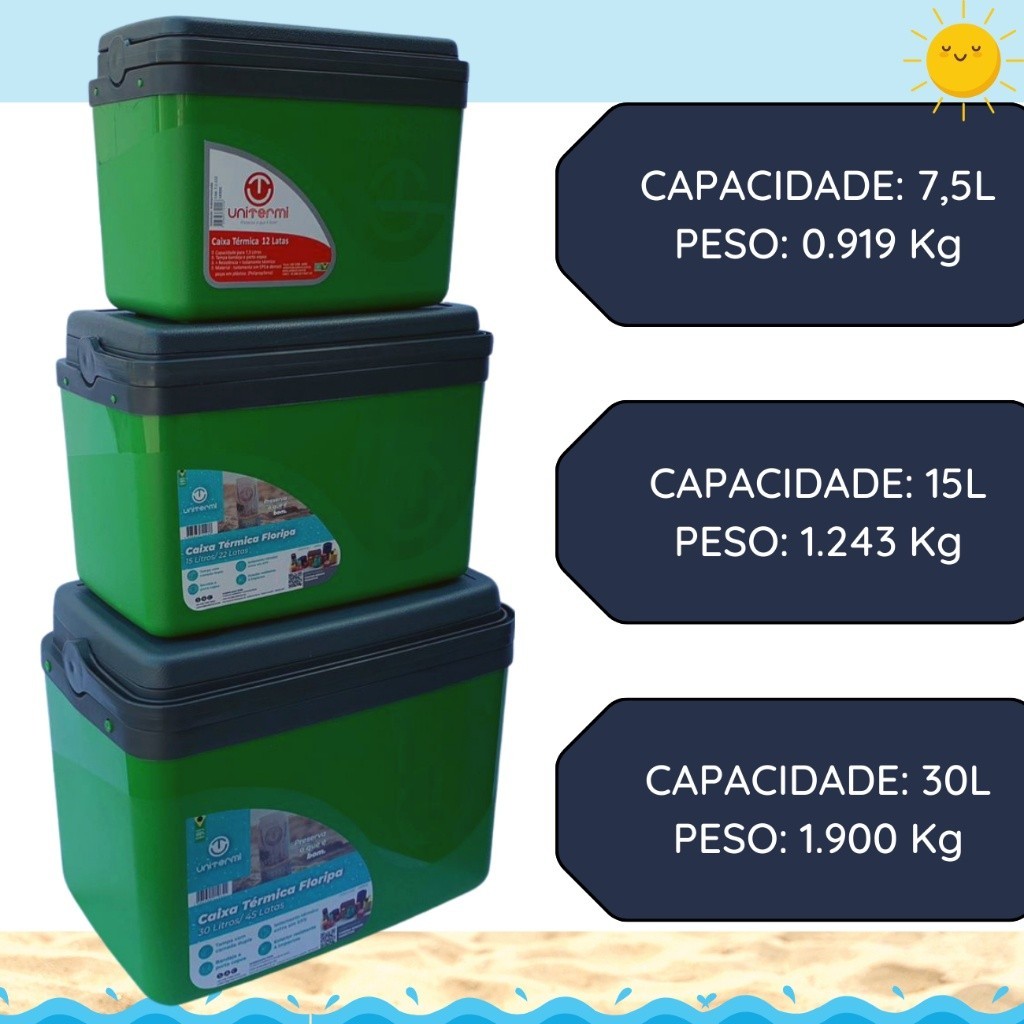 Kit Caixa térmica Cooler 7,5L + 15L + 30L Alça Tampa bandeja