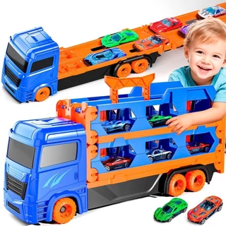 caminhao Transport Cegonha Carreta Que Vira Pista De Corrida Com Ejecao 1,55m Brinquedo Colorido - Dm Toys