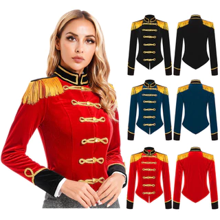 Yeahdor Feminino Circo Ringmaster Traje Halloween Cosplay Gola Franjas Ombro Placa Jaqueta De Veludo Casaco