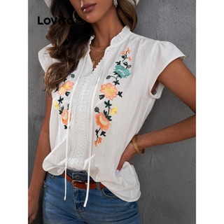Lovito Blusa Feminina Boho Ditsy Com Bordado Floral E Renda LNL34006 (Branco Azul)