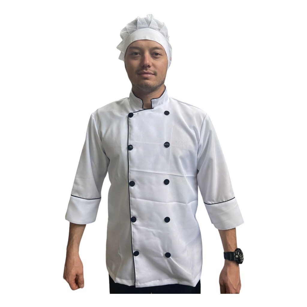 DOLMA BRANCA GG COM FRISO E BOTÃO PRETO MANGA 3/4 UNISSEX CH